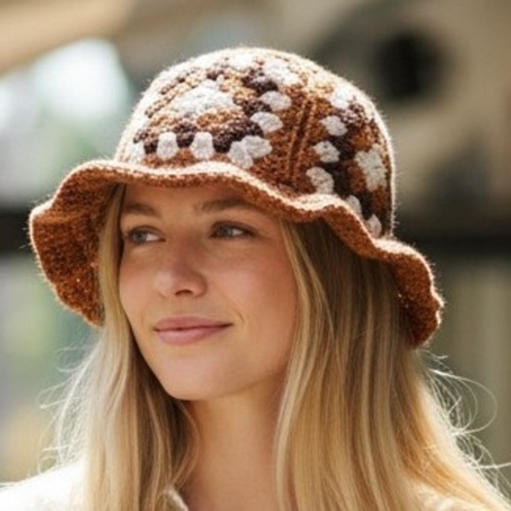 Handmade Crochet Granny Square Bucket Hat Brown Tan Cream Boho Retro Knit Hat